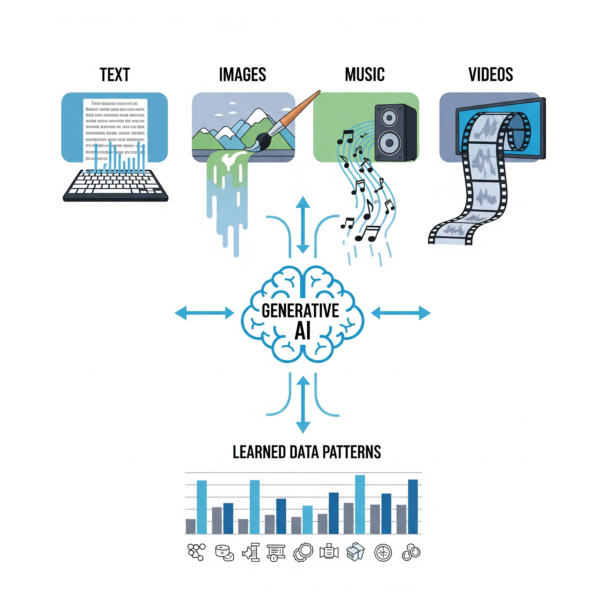 An infographic showing generative AI creating text, images, music, and videos from data patterns.